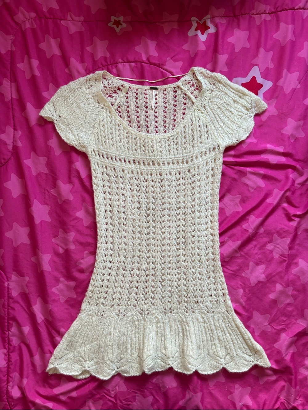 Free People Cream Open-Knit Scallop-Hem Short Sleeve Tunic Size Large